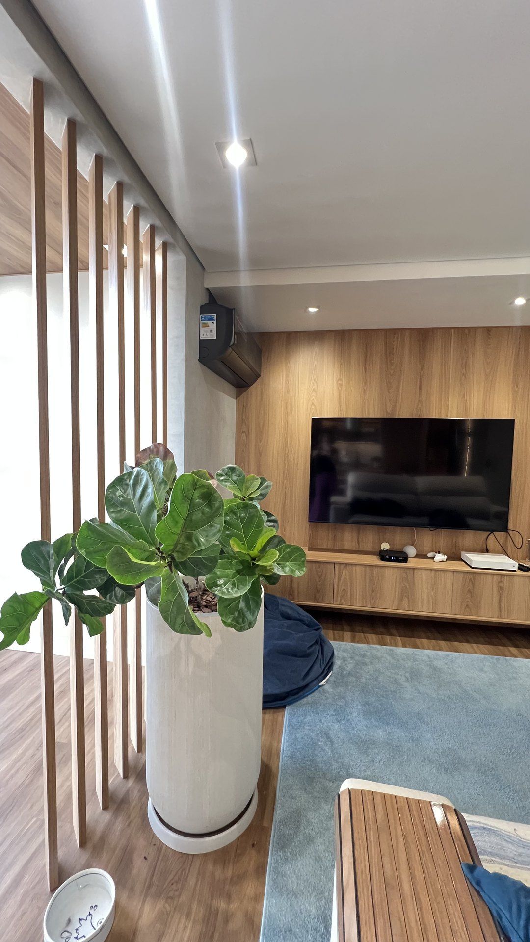 Sala de estar — Brises de madeira e TV